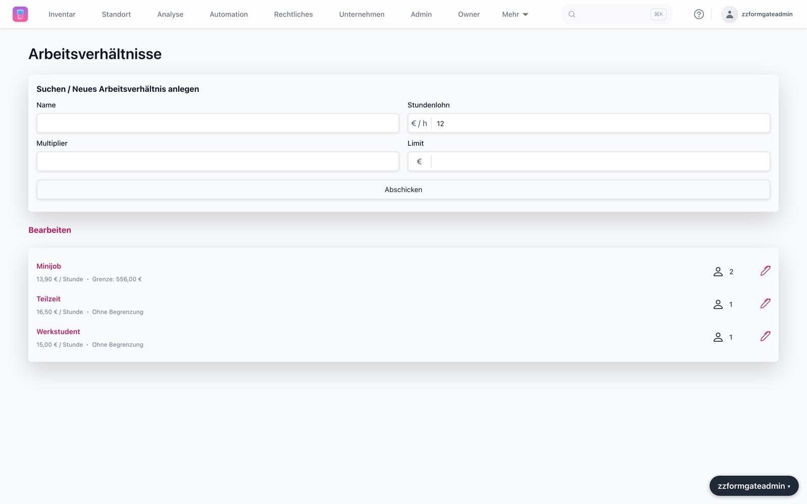 Verwaltung von Arbeitsverhältnissen in der CheqMe Web-App mit Stundenlöhnen und Verdienstgrenzen
