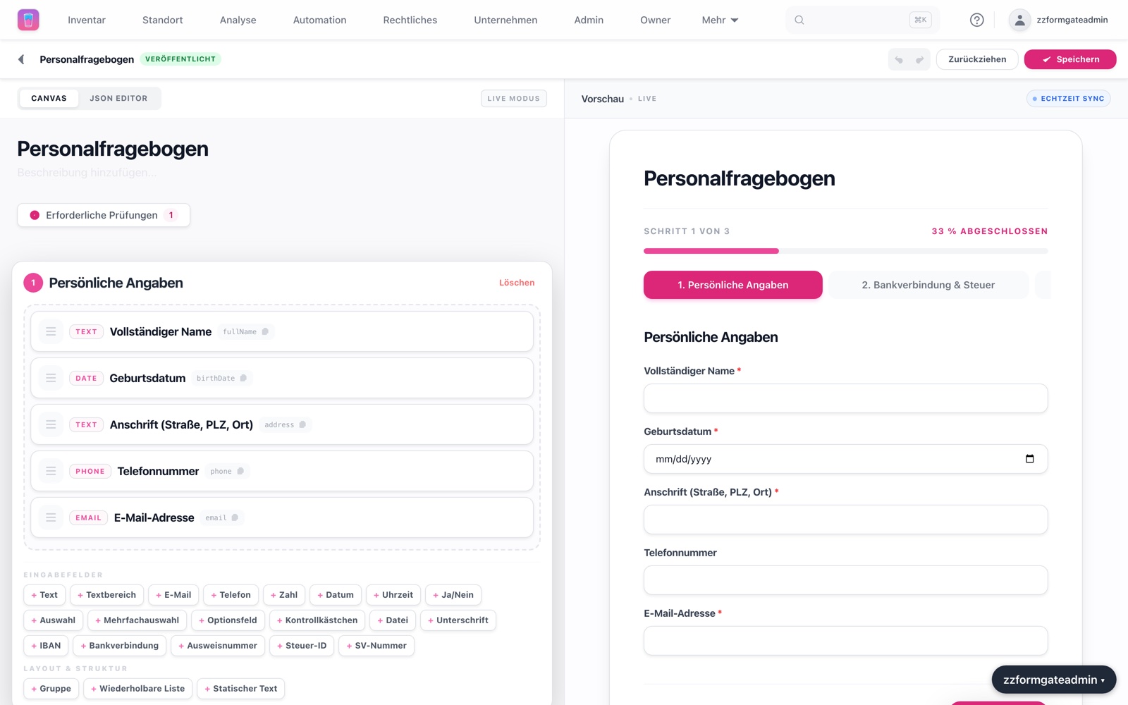 Der CheqMe Formular-Builder mit dem Personalfragebogen und Live-Vorschau