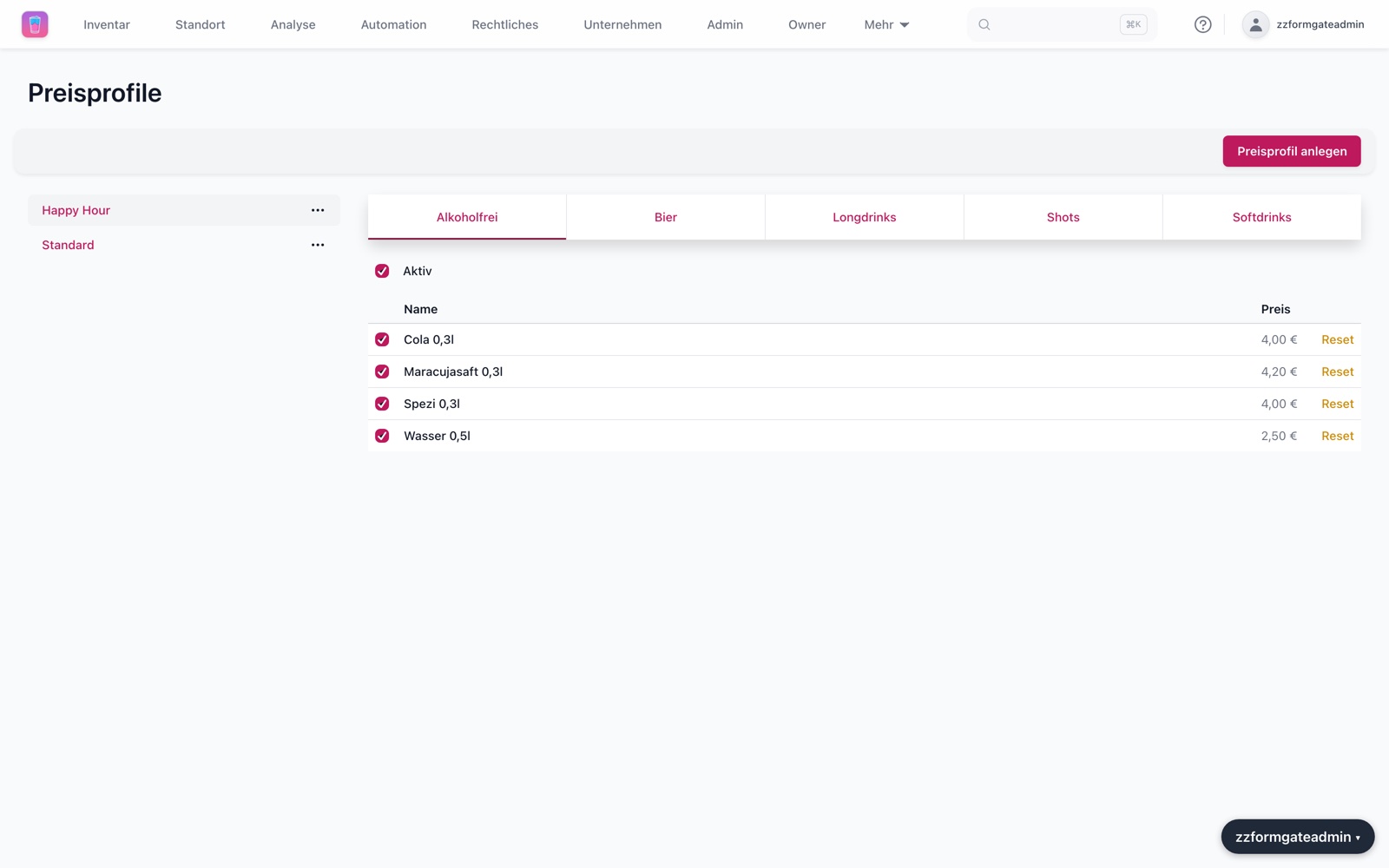 Preisprofile in der CheqMe Web-App mit Kategorien und aktivierbaren Artikelpreisen